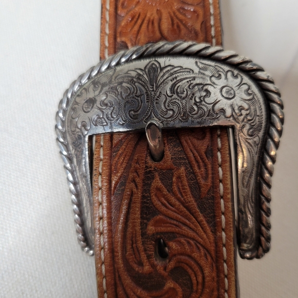 Vintage Brown Leather Embossed Belt with Silver Buckle Size 38 - Picture 8 of 16